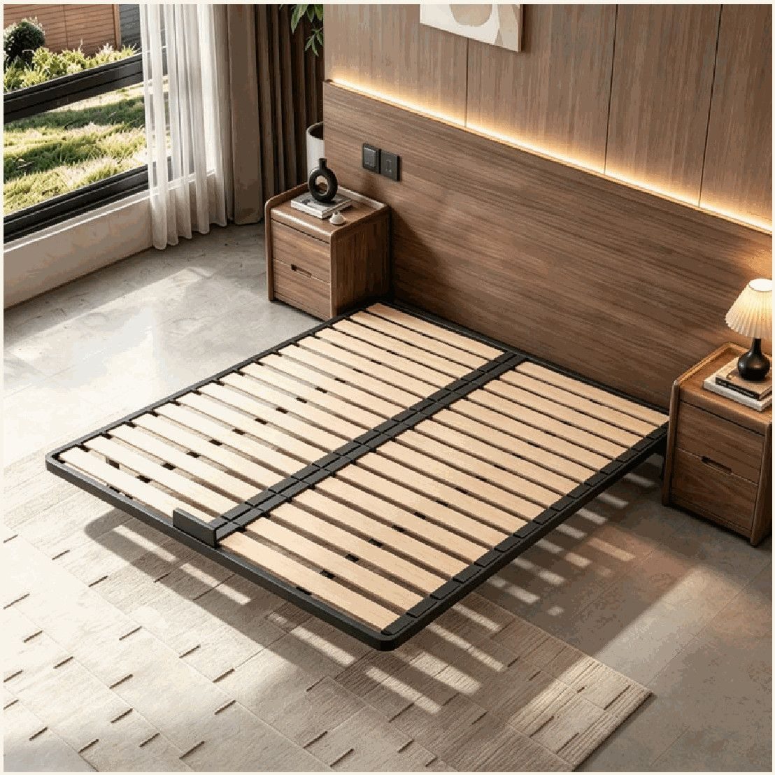 HJF Metal floating bed frame in a furnished room
